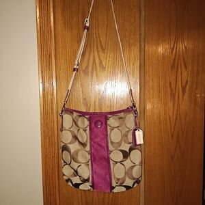 Coach Beige Signature Canvas Crossbody with Pink Leather Accent